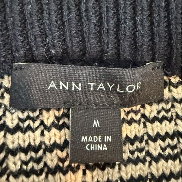 Ann Taylor Black Taupe Gold Knit Mock Neck Short Sleeve Sweater M - Picture 2 of 6